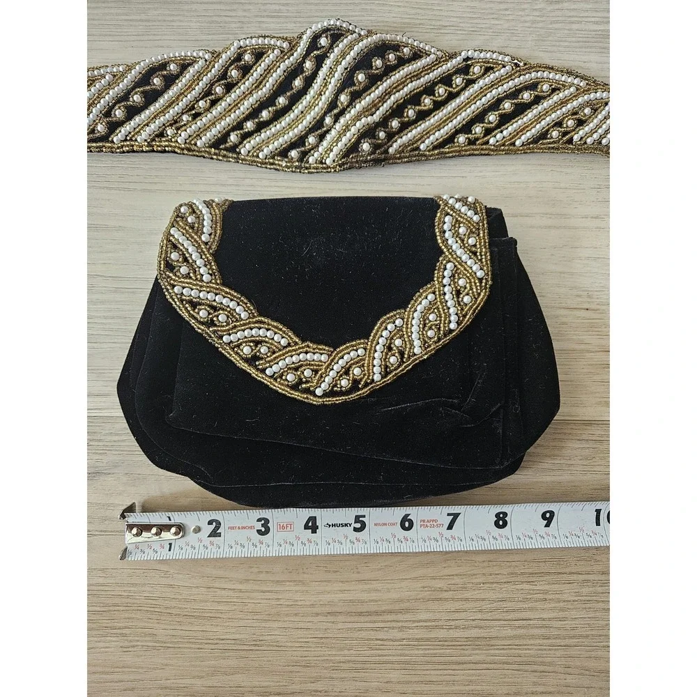 Vintage Handcrafted Zardozi‎ Black Velvet Clutch and Belt Set Gold Pearl India